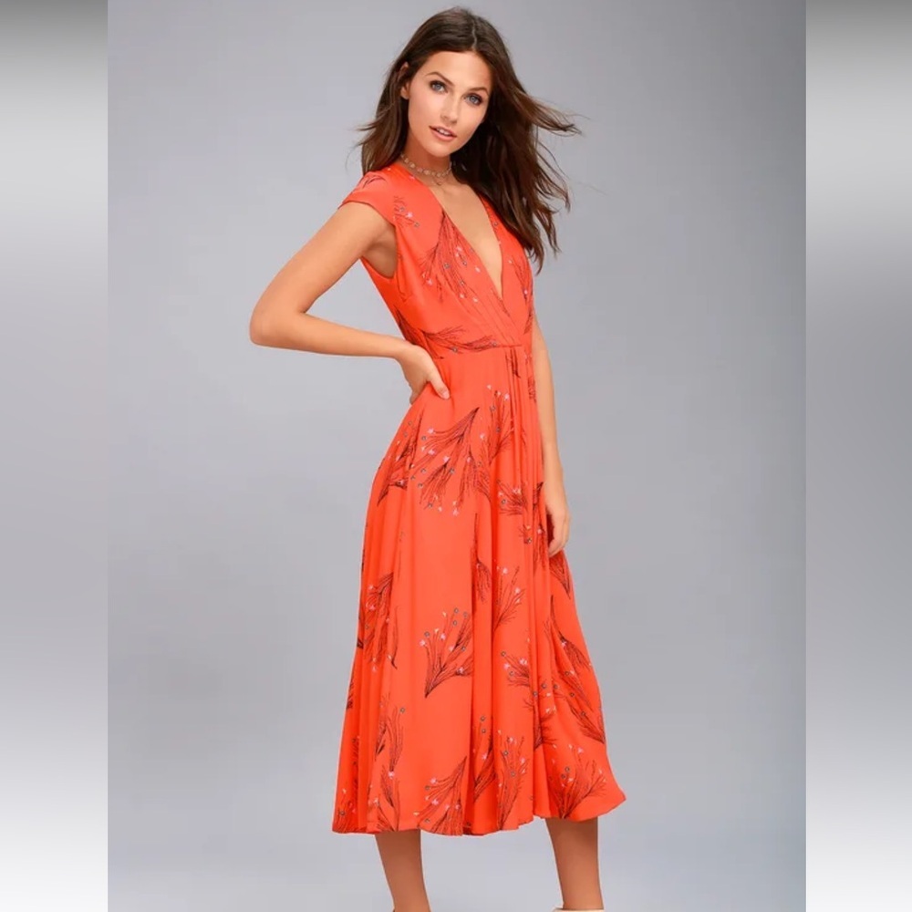 Free People Retro Coral Floral Print Dress Size 10 EUC Orange with Pockets